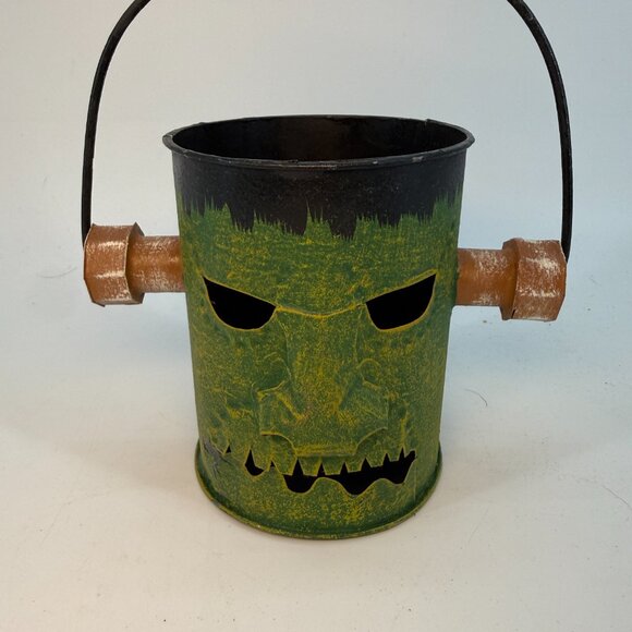 Vintage Frankenstein Halloween Candle holder Bucket Hand Made Decor - Picture 2 of 13